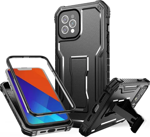 Vista 16 de FITO Funda para Apple iPhone 13, doble capa a prueba de golpes resistente con protector de pantalla de vidrio templado y soporte integrado (verde)
