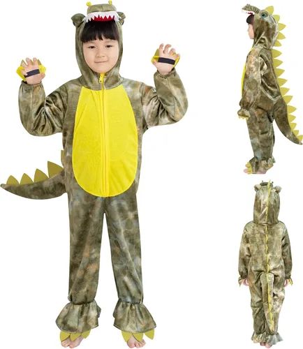 Vista 2 de DearSun Disfraz de dinosaurio T-Rex para niños, disfraz de dinosaurio con capucha (L120, patrón de camuflaje)
