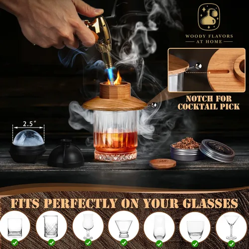 Vista 4 de Kit de ahumador de cócteles – Kit de camarero para ahumar bebidas con antorcha, moldes de hielo esfera, virutas de madera aromática – Kit