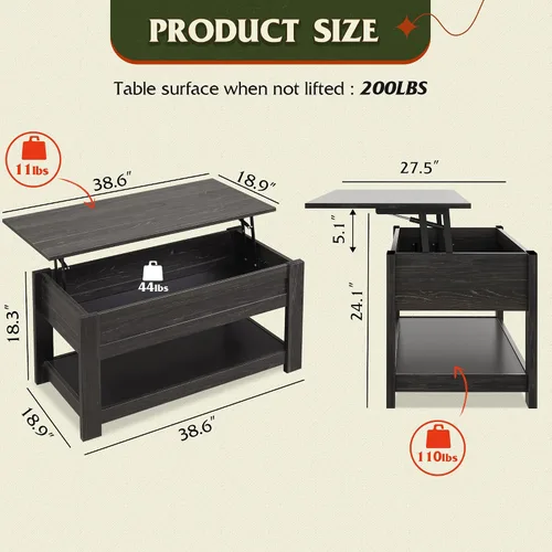 Vista 3 de WLIVE - Mesa de café, mesa de centro de 39" con parte superior elevada, compartimento oculto y estante de almacenamiento para sala de estar
