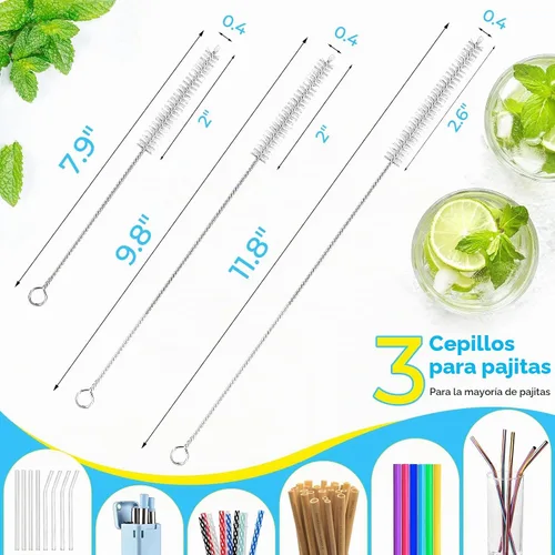 Vista 4 de Juego de 5 cepillos de limpieza de botellas, cepillo de limpieza con mango de acero inoxidable de 35.56 cm de largo y 3 cepillos para pajitas