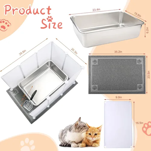 Vista 2 de Juego de 2 cajas de arena gigantes extra grandes de acero inoxidable para gatos (24 x 16 x 6 pulgadas) con 2 cucharas de arena de metal para gatos