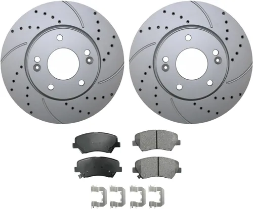 Vista 2 de Rotores de disco ventilados con revestimiento ranurado perforado de 11.024 in y Akebono ProACT Pad Set Hardware Sensor acústico Kit de freno