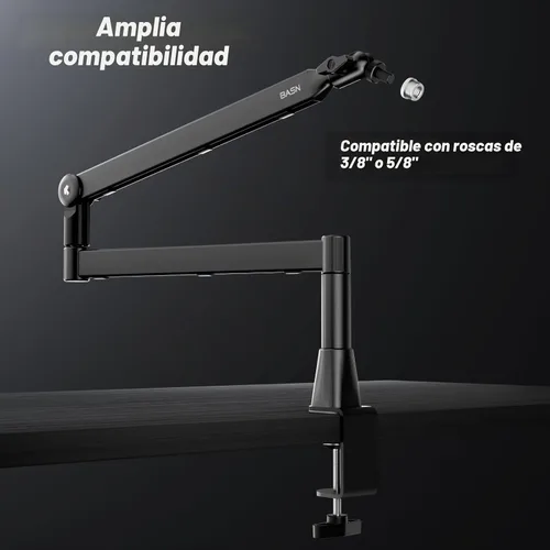 Vista 5 de BASN - Soporte de brazo de micrófono de perfil bajo con abrazadera de escritorio, diseño giratorio y almacenable, canal de gestión de cables