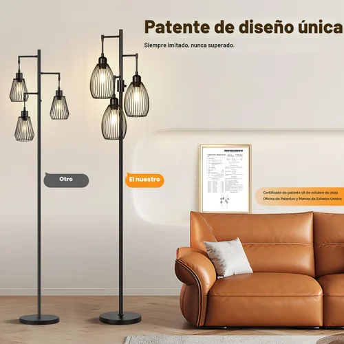 Vista 8 de Lámpara de pie regulable, 3 bombillas LED Edison de 800LM incluidas, lámpara de pie industrial de granja lámpara de árbol de pie con elegante jaula