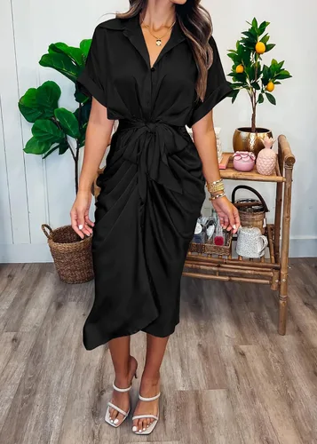 Vista 4 de BTFBM Vestido camisero fruncido con botones para mujer, manga corta, con solapa, cuello en V, elegante, para fiesta, primavera, verano, maxivestido