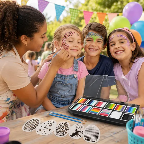 Vista 4 de Maydear Kit de pintura facial para niños y adultos, 12 x 10 gm, paleta de maquillaje profesional para tartas divididas, segura y no tóxica, a base