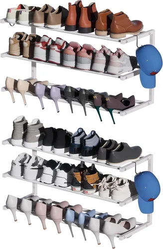 Vista 8 de Zapatero para montar en la pared, zapatero colgante de 3 niveles con capacidad para 12 pares, organizador de zapatos de metal resistente ajustable