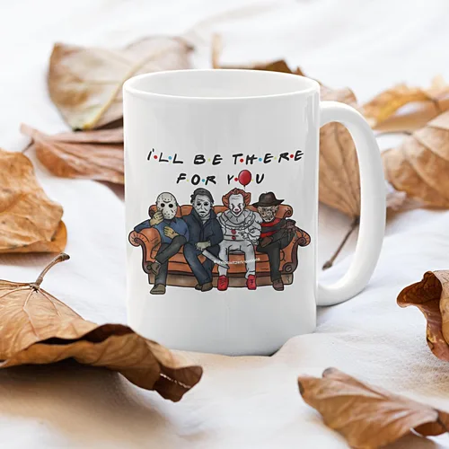 Vista 4 de Taza Ill Be There For You, Friends Horror Villains, divertida taza de Halloween, Jason Freddy Michael Myers IT Pennywise Slasher regalo, Masked