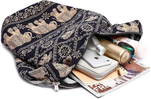 Vista 39 de Bolsa de hombro para mujer, de lona en estilo hippie/bohemio para llevar cruzada al hombro, disponible en diferentes colores y estampados