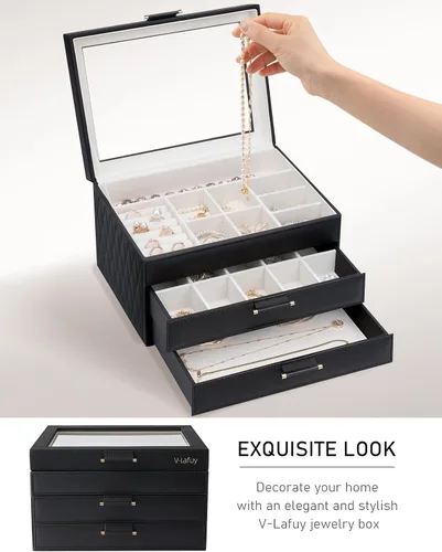 Vista 8 de Joyeros con tapa de cristal, cajas de joyería para mujeres, organizador de joyas de 3 niveles con 2 cajones, estuche de exhibición de joyas, regalo