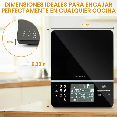 Vista 4 de Báscula de alimentos con calculadora nutricional, cálculo de calorías nutricionales de pantalla digital para preparación de comidas, cocina