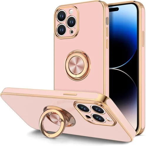 Vista 13 de Hython - Funda para iPhone 14 Pro con soporte de anillo [soporte magnético de anillo giratorio de 360°] [soporte para montaje en coche] Borde dorado