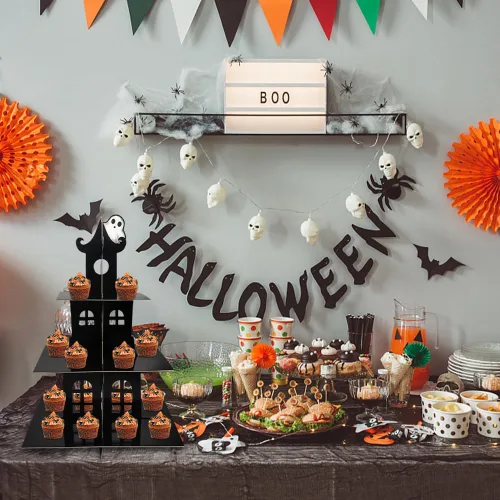Vista 5 de Soporte de 3 niveles para cupcakes de Halloween, castillo de Halloween, soporte redondo de cartón, torre de postre, torre de árbol de postre