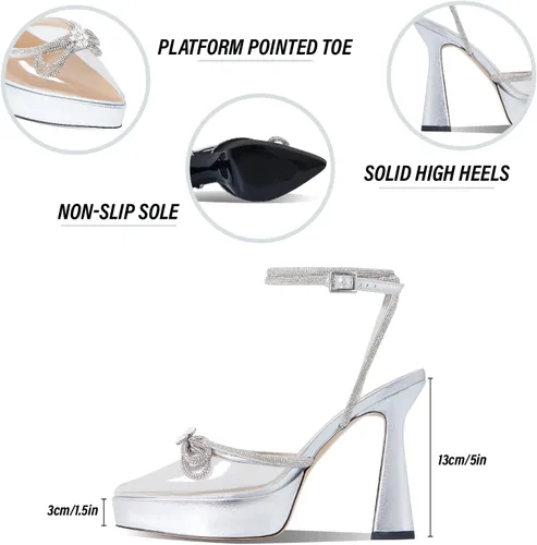 Vista 4 de Goiphrri Platform Ankle Strap High Heeled Lace Up Pumps Sandals Ankle Buckle Straps Pump Rhinestone Stilettos Bowknots Wedding Sandals