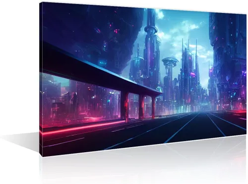 Vista 36 de 1 panel de cuadros de la ciudad de Cyberpunk, arte de pared, representación de vallas publicitarias, edificios modernos en la capital con obras