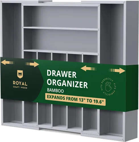 Vista 18 de ROYAL CRAFT WOOD Organizador de cajones de cocina de bambú de lujo, organizador de cubiertos, soporte para utensilios y bandeja de cubiertos