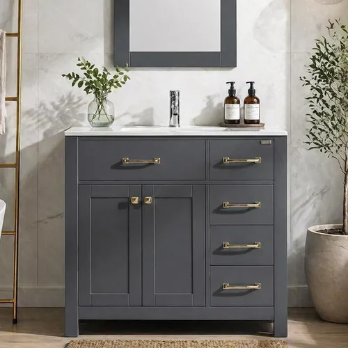 Vista 9 de wonline Lavabo de baño negro de 36 pulgadas y fregadero de cerámica empotrado para fregadero de cerámica con tocador de espejo, juego de tocador