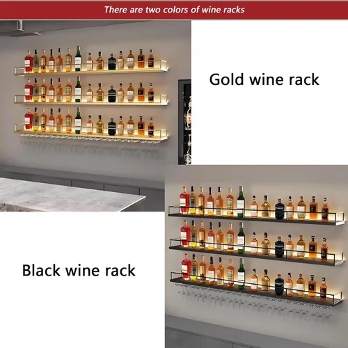 Vista 6 de Estante de metal para vino montado en la pared con luces LED, estantes flotantes de bar de 3 niveles con estante para copas de vino, estante grande