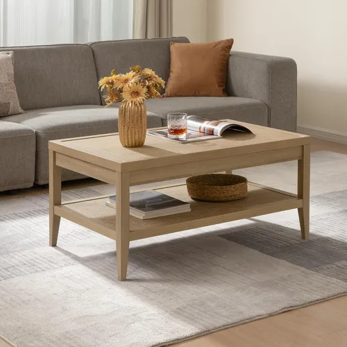 Vista 7 de SICOTAS - Mesa de café de ratán para sala de estar - Mesa central de comedor rectangular de estilo bohemio con estante de almacenamiento de ratán