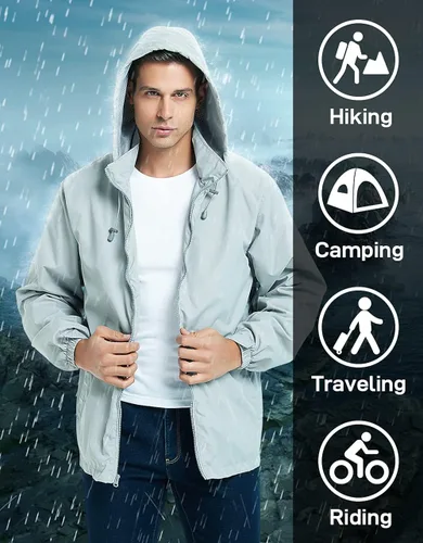 Vista 3 de Chaqueta impermeable rompevientos ligera para hombre con capucha extraíble