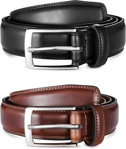Vista 2 de MILORDE Cinturón de vestir de cuero para hombre, 2 unidades, hecho a mano, cuero genuino, diseños clásicos y modernos para el trabajo, negocios