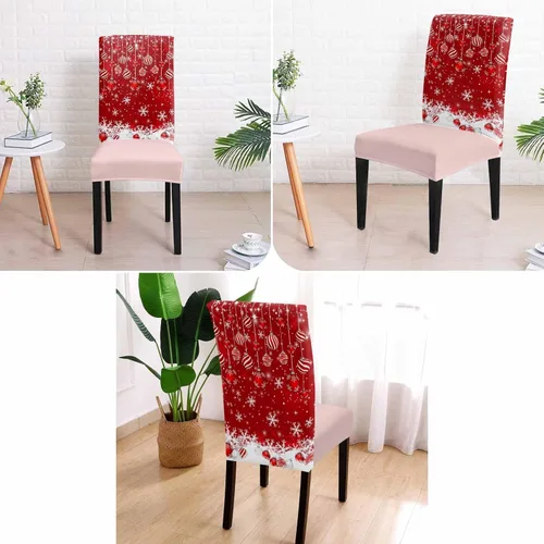 Vista 2 de YOKOU Juego de 4 fundas elásticas para sillas de comedor, diseño de copos de nieve, estrellas, fondo rojo, invierno, fundas protectoras extraíbles