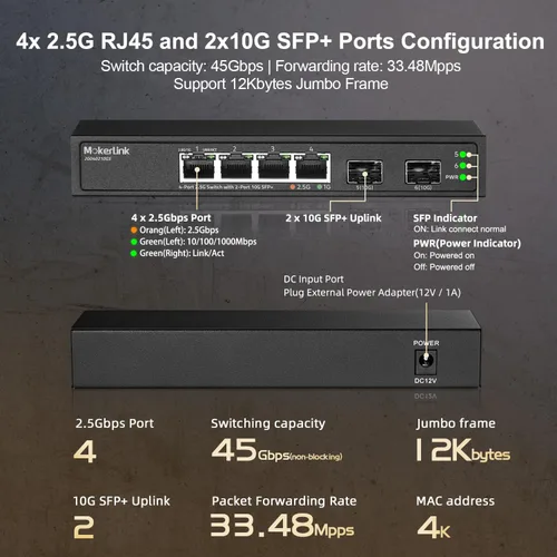 Vista 4 de MokerLink Switch Ethernet de 4 puertos 2.5G con ranura SFP+ de 2 puertos 10G, 4 puertos Base-T de 2.5G compatibles con 10/100/1000Mbps, conmutador