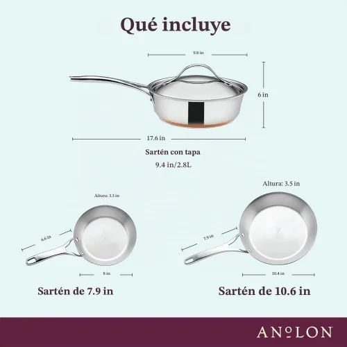 Vista 3 de Anolon Nouvelle - Juego de ollas y sartenes de acero inoxidable, 10 piezas Stainless Steel Cookware Set with Lids, Oven Safe to 500°F, Durable
