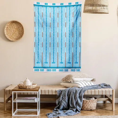Vista 6 de Lunarable Tapiz azul, piscina temática de competición deportiva con carriles imagen de pictograma acuático, decoración de tela para colgar