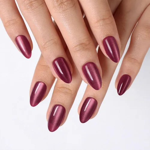 Vista 32 de Uñas cortas a presión de almendra, uñas con purpurina rosa degradado 3H-rosa con purpurina