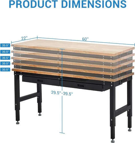 Vista 6 de Mesa de trabajo ajustable de 60 pulgadas, banco de trabajo de madera de goma de 3000 libras, mesa de trabajo resistente con 2 cajones y tablero