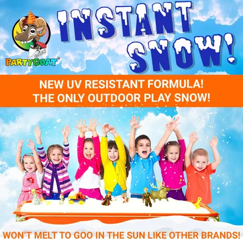 Vista 7 de PARTY GOAT Polvo de nieve instantáneo para juegos y decoración sensoriales. 18 onzas hace 7 galones de nieve falsa. Hasta 400 bolas de nieve