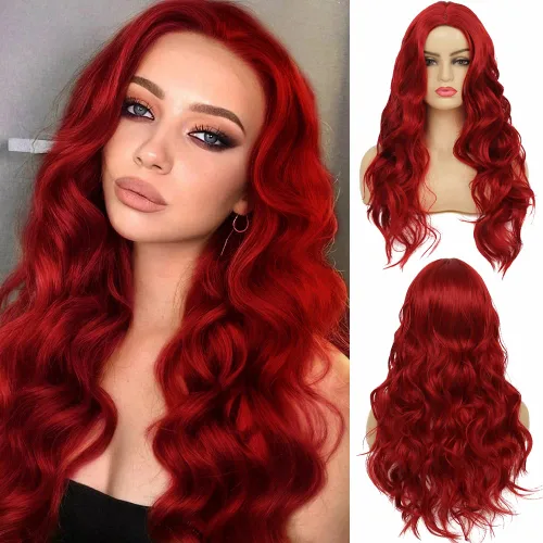 Vista 13 de Kaneles Peluca rizada de color rojo degradado, pelucas de cabello largo ondulado para mujer, pelucas de fibra sintética negra y roja para fiesta