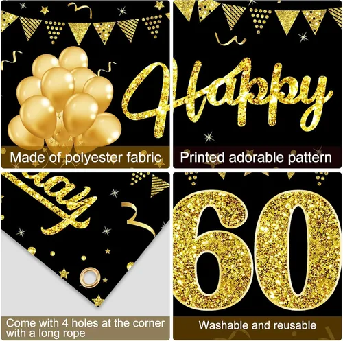 Vista 6 de Cartel de feliz cumpleaños 60 para hombres y mujeres, letrero de cumpleaños número 60 negro y dorado, suministros de fiesta para patio, divertida