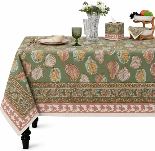 Vista 73 de Ridhi Mantel rectangular con estampado de bloque de mano verde espárragos Espárragos Verde Gadd