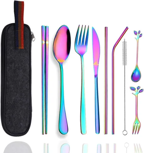 Vista 7 de Utensilios de madera reutilizables para comer, 8 piezas de cucharas de madera de viaje, tenedores, palillos, juego de cubiertos con estuche