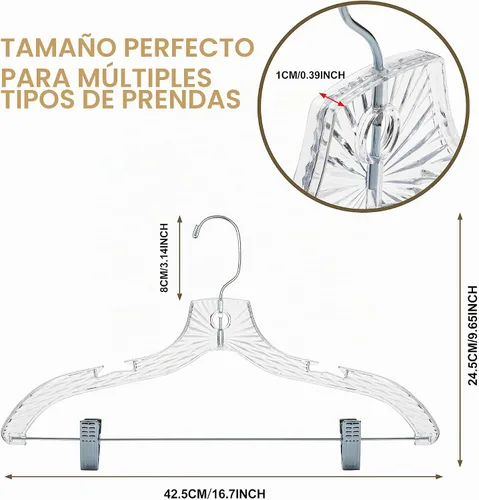 Vista 5 de Perchas de plástico transparente de calidad para faldas, paquete de 12 piezas con corte de cristal para faldas, pantalones, vestidos, trajes Crystal