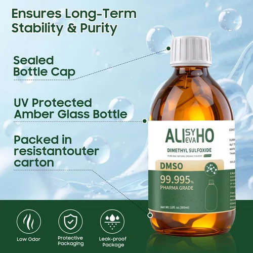 Vista 3 de DMSO 10 oz (pureza 99.995%) grado farmacéutico Sulfóxido de dimetilo, embalaje de botella de vidrio de 10 onzas