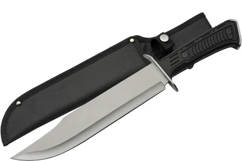 Vista 7 de SZCO Cuchillo Bowie de hoja completa de 15 pulgadas - Cuchillo negro para acampar con mango de goma, hoja de acero inoxidable y funda para caza