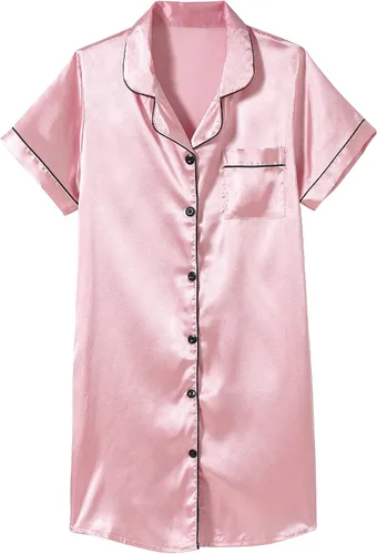 Vista 13 de Hupohoi - Vestido de pijama de satén para niñas, con botones, ropa de dormir sedosa, camisón de manga corta, camisa de noche, vestidos Negro