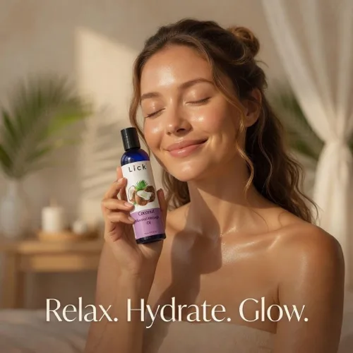 Vista 5 de Lick Aceite de masaje con sabor a coco, aceite de masaje comestible tropical con aceite de almendras dulces y vitamina E, fórmula hidratante segura