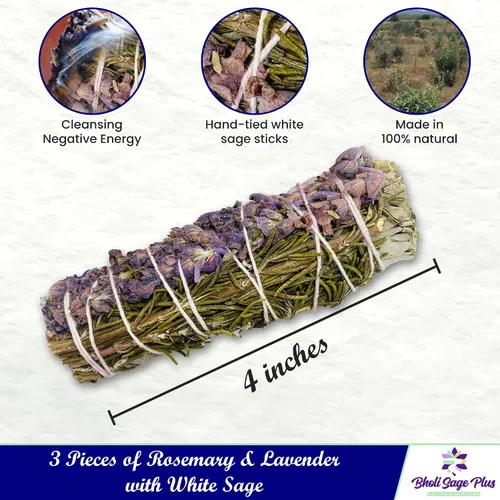 Vista 3 de Kit de manchas de salvia para la limpieza de energía negativa, hogar y creación de la energía de la felicidad, palitos de salvia con romero