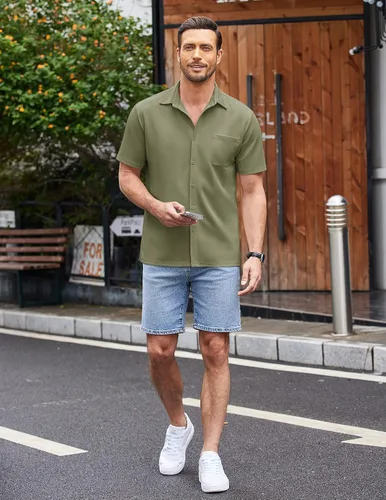 Vista 4 de COOFANDY Camisas casuales con botones para hombre, manga corta, ajuste regular, camisa de playa