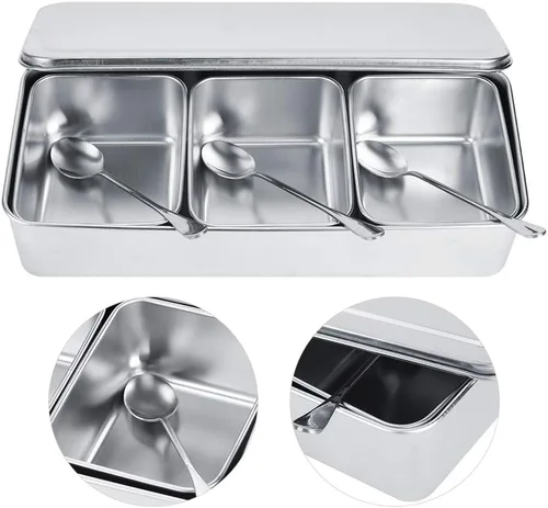 Vista 6 de Caja de condimentos, 3 rejillas de acero inoxidable, contenedor de almacenamiento de condimentos para condimentos con cubierta y cuchara