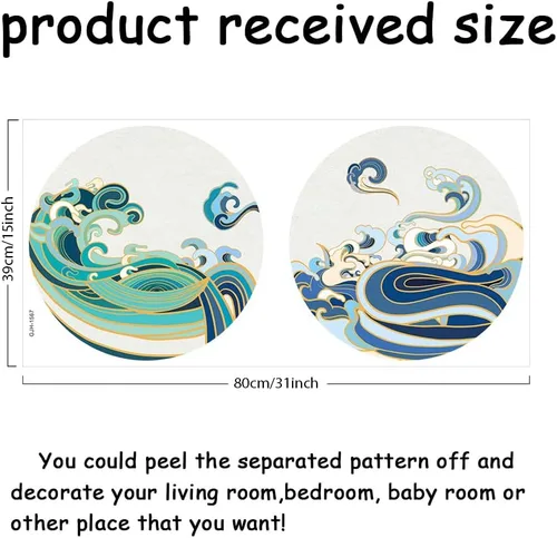 Vista 2 de SUPERDANT Adhesivo de pared con diseño de ondas de pintura retro, 2 estilos, olas de mar, círculos, calcomanías de vinilo para decoración de mar