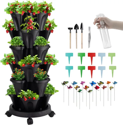Vista 83 de GameXcel Torre de maceta vertical, macetas apilables de 3 niveles con ruedas y herramientas de jardín, macetas para plantas de fresa, hierbas