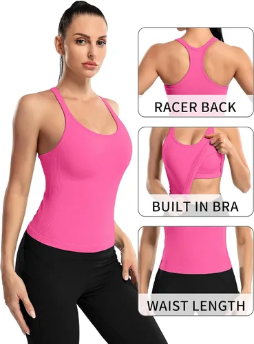 Vista 37 de ATTRACO Camiseta corta acanalada de entrenamiento para mujer con brasier integrado para yoga, espalda cruzada, ajuste ajustado