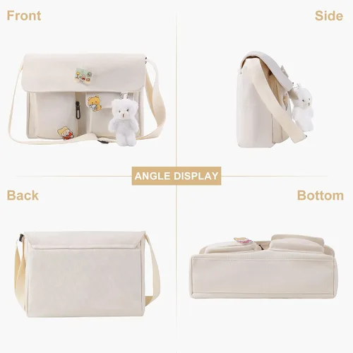 Vista 2 de Bolso cruzado de lona con alfileres Kawaii y colgante para mujeres y niñas, bolso de mensajero casual para estudiantes, mochila escolar