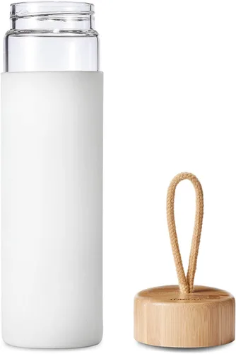 Vista 3 de Botella de agua de vidrio de borosilicato de 20 onzas con tapa de bambú y funda de silicona, reutilizable, sin BPA, botella de vidrio con tapas
